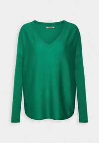 Pull vert à manches longues avec col en V et poignets côtelés, présenté à plat sur fond blanc.