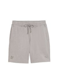 Gray cotton shorts with an elastic waistband, adjustable drawstring, side pockets, and a small logo detail on the left leg.