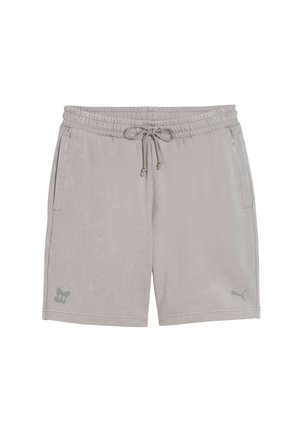 Shorts grigi in cotone con vita elasticizzata, cordoncino regolabile, tasche laterali e un piccolo dettaglio del logo sulla gamba sinistra.