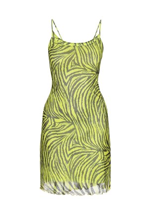 Lime zöld ruha vékony spagetti pántokkal, merész fekete és zöld zebra mintával, és enyhén átlátszó szegéllyel.