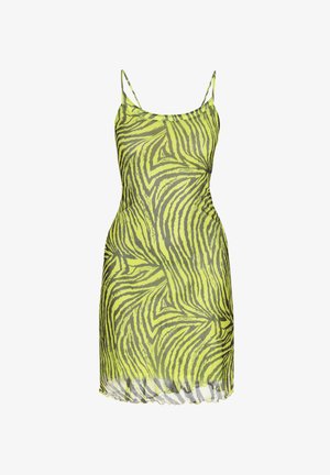 Lime zöld ruha vékony spagetti pántokkal, merész fekete és zöld zebra mintával, és enyhén átlátszó szegéllyel.