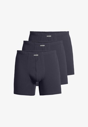 Drei Paare dunkelgraue Baumwoll-Boxershorts mit elastischem Bund, die über Stickdetails und ein konturiertes Beuteldesign verfügen.