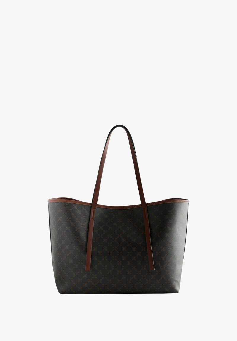 Tote-Bag aus dunkelbraunem, gemustertem Material mit Lederakzenten, ausgestattet mit zwei stabilen Schulterriemen und einem offenen Design.