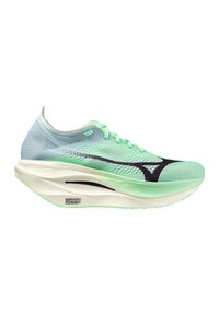 Scarpa da corsa leggera con tomaia in mesh verde menta e blu, dettagli neri e un'intersuola bianca imbottita con design testurizzato.