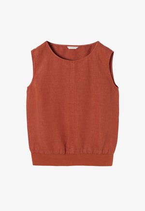 Rustin värvi ilma varrukateta pluus ümmarguse kaelusega, kogutud alaäär ja siledat tekstuuri. Valmistatud kergest kangast, lihtsa disainiga.