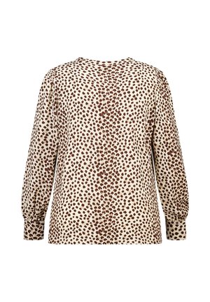 Blouse crème à manches longues avec motif à pois irréguliers marron, poignets froncés et encolure ronde, vue de dos.