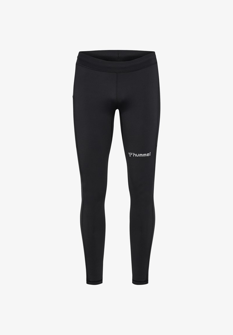 Black leggings made of stretchy material featuring a smooth texture, a high waistband, and a logo printed on the lower left side.