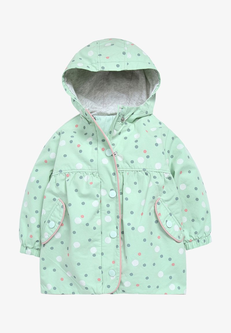 Veste à capuche pour enfants vert menthe avec pois multicolores, poches à boutons-pression, poignets élastiques et doublure gris clair à l'intérieur de la capuche.