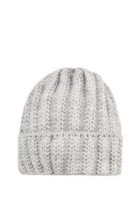 Light gray knitted beanie with vertical ribbed pattern and folded cuff, made of thick yarn for warmth.