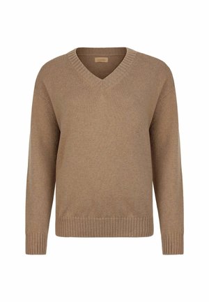 Beige V-hals sweater lavet af blødt strikstof, med lange ærmer, ribbede manchetter og en ribbet kant med en glat tekstur.