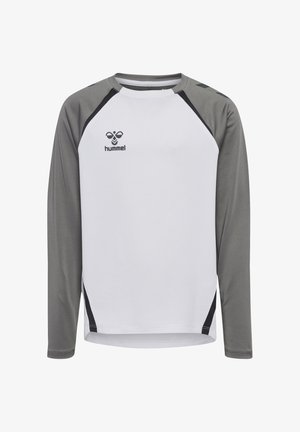 Chemise à manches longues en tissu blanc avec des manches raglan grises. Présente des accents noirs et un petit logo sur la poitrine. Texture lisse.