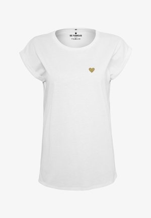 White short-sleeve T-shirt made of cotton with a round neckline and a small gold heart graphic on the left chest area.