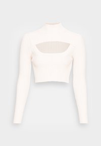 Weiße, gerippte Cropped-T-Shirt mit langen Ärmeln und Stehkragen. Verfügt über ein quadratisches Ausschnittdesign über der Brust für zusätzlichen Stil.