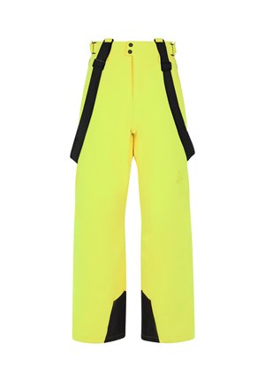 Geel waterdichte broek met zwarte accenten, voorzien van verstelbare steunen, een wijde pijp ontwerp en een gladde textuur, geschikt voor gebruik buitenshuis.