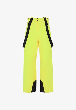 Geel waterdichte broek met zwarte accenten, voorzien van verstelbare steunen, een wijde pijp ontwerp en een gladde textuur, geschikt voor gebruik buitenshuis.