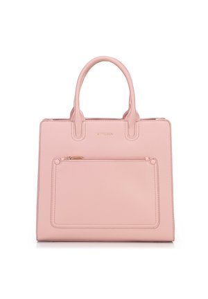 Pink leather handbag with dual handles, rectangular shape, front zippered pocket, and embossed brand logo. Smooth texture with visible stitching.