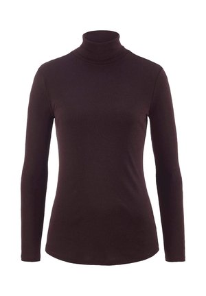Brauner Rollkragenpullover mit langen Ärmeln, aus einem glatten, dehnbaren Stoff gefertigt. Verfügt über ein figurbetontes Design und einen hohen, gerippten Kragen.
