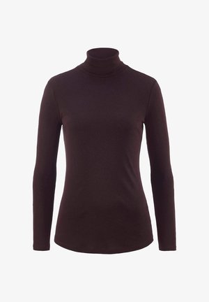 Brauner Rollkragenpullover mit langen Ärmeln, aus einem glatten, dehnbaren Stoff gefertigt. Verfügt über ein figurbetontes Design und einen hohen, gerippten Kragen.