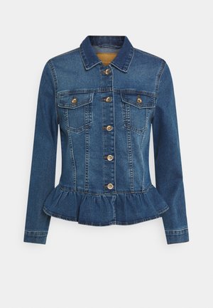 Donkerblauwe denimjack met een peplumzoom, knopen aan de voorkant, twee borstzakken en gouden knopen. Bevat een klassieke kraag en lange mouwen.