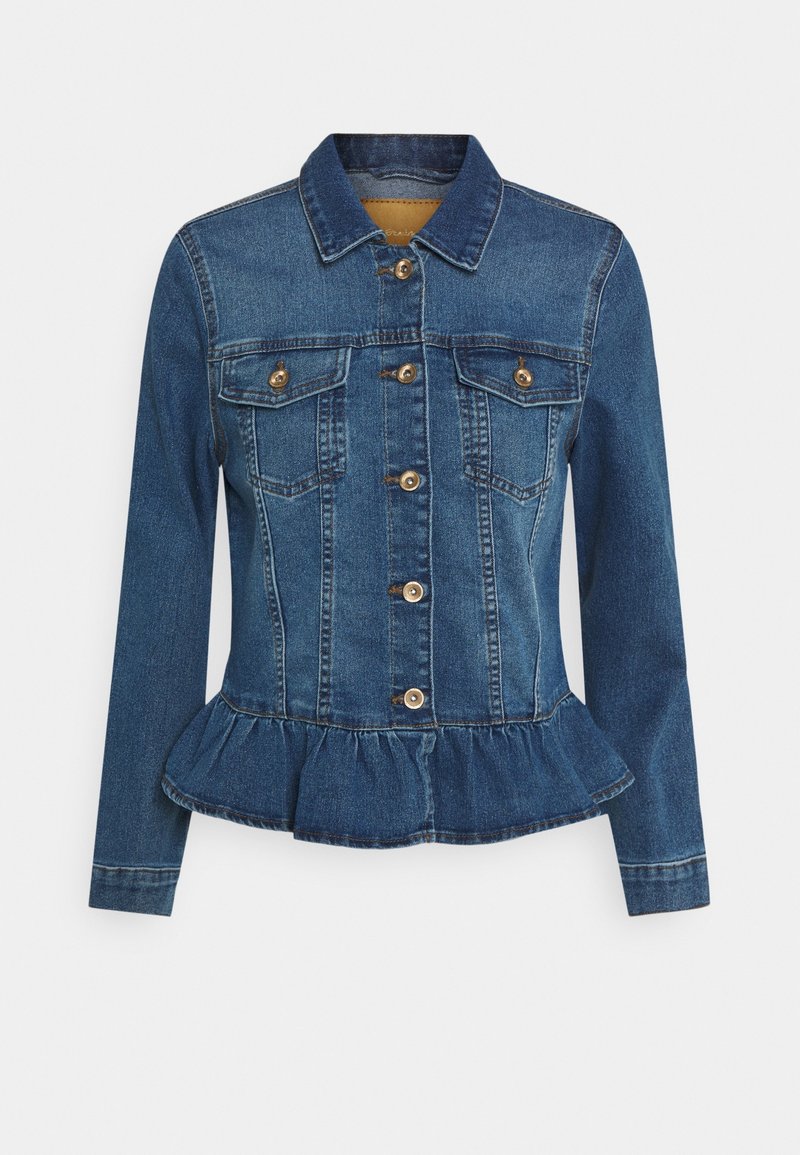 Džínsová bunda v tmavě modré barvě s peplum lemem, zapínáním na knoflíky vpředu, dvěma náprsními kapsami a knoflíky ve zlatém odstínu. Disponuje klasickým límcem a dlouhými rukávy.