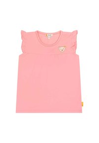 Rosa Baumwoll-T-Shirt mit Rüscheärmeln, versehen mit einem Bären-Patch auf der Brust und einer gerafften Detail unter dem Ausschnitt.