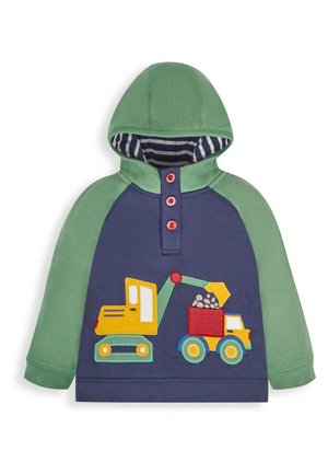 Hooded sweatshirt with green sleeves and navy body, featuring a colorful construction vehicle design on the front and striped interior.