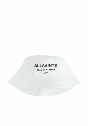 Valge kangast valmistatud ämbrimüts, mille esiküljel on musta värvi "ALLSAINTS" tekst ja Jaapani tähed. Pehme tekstuur, lai äärekujundus.