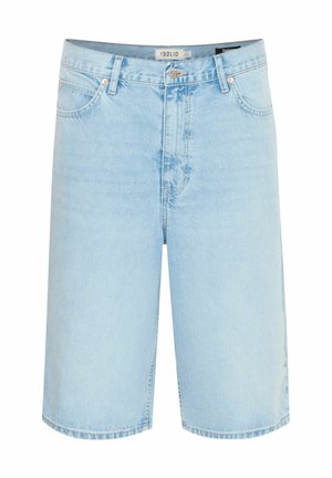 Shorts din denim de culoare albastră deschisă, cu o croială relaxată, design cu cinci buzunare, închidere cu un singur buton și cusături în contrast pe margini.