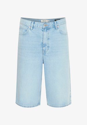 Shorts din denim de culoare albastră deschisă, cu o croială relaxată, design cu cinci buzunare, închidere cu un singur buton și cusături în contrast pe margini.