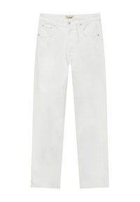 Bílé džíny z denimu s rovnými nohavicemi. Obsahují pět kapes, zapínání na knoflík a zip a jemné detaily šití.