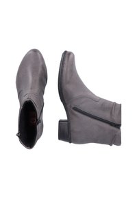 Graue Stiefeletten aus Leder mit seitlichem Reißverschluss, runder Spitze und niedrigem Blockabsatz. Glatte Textur mit dezenten Nähten.