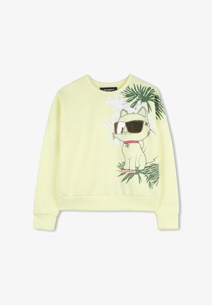 Geel sweatshirt met een cartoonkat met zonnebril, omringd door groene palmbladeren. De stof is zacht, de pasvorm is ontspannen en het heeft geribbelde manchetten.