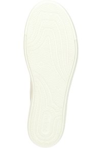 Semelle de chaussure en caoutchouc blanc avec un motif ondulé texturé et un logo. Présente une forme de pointe arrondie et un léger rebord sur le bord du talon.