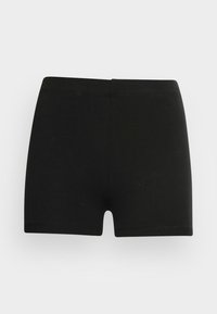 Sorte bomuldsshorts med en glat tekstur, der har et enkelt design og en mellem-højde pasform. Ingen synlige sømme eller udsmykninger.