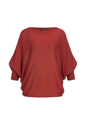 Red knit top with a loose, wide shape. Features short, wide sleeves, a round neckline, and a soft, textured finish.