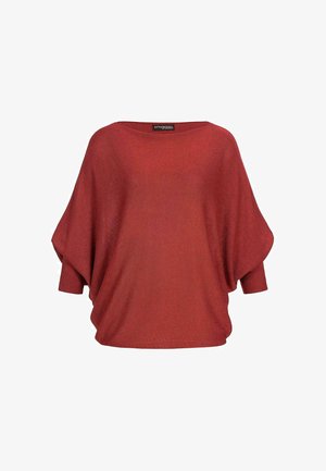 Rdeča pletena majica z ohlapnim, širokim krojem. Ima kratke, široke rokave, okroglo ovratnico in mehak, teksturiran zaključek.