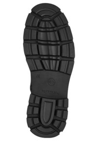 Suela de zapato de goma negra con una superficie texturizada y patterned, que presenta canales profundos para tracción y una sección de punta redonda. Talla indicada como 37.