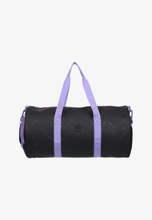 Schwarze zylindrische Sporttasche mit hellvioletten Griffen und Reißverschlussdetails, zum Transport von Sport- oder Reiseutensilien entworfen.