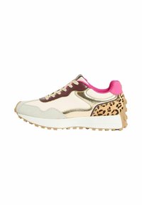 Sneaker beige e marrone con dettagli dorati, colletto rosa e stampa leopardata sul tallone. Presenta una suola texturizzata per una migliore aderenza.