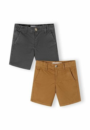 Dwie pary bawełnianych szortów dziecięcych, jedna w kolorze ciemnoszarym, a druga w kolorze musztardowo-brązowym, każda z guzikami i przednimi kieszeniami.
