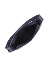 Námorně modrá kožená kabelka s hladkým povrchem, na zip a s jedním popruhem. Interiér je podšitý černou látkou.