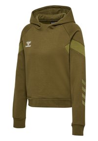Olive green hooded sweatshirt made of soft fabric featuring a ribbed hem, contrasting sleeve stripes, and a small logo on the chest.