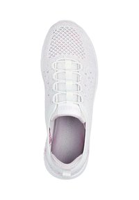 Zapatilla de punto blanca con cordones elásticos, lengua de malla transpirable y suela de espuma, vista desde arriba.