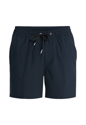 Marineblaue Herren-Badehose mit elastischem Bund und schwarzem Kordelzug, Fronttaschen und einer mittellangen Beinlänge bis zur Mitte des Oberschenkels.
