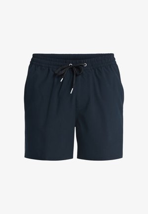 Granatowe męskie spodenki kąpielowe z elastycznym paskiem i czarnym sznurkiem do wiązania, przednimi kieszeniami i długością do połowy uda.