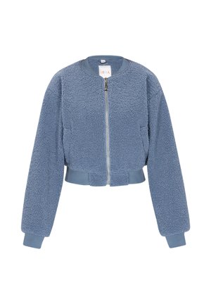 Kurze Jacke aus weichem blauen Kunstfell. Verfügt über einen Frontreißverschluss, einen runden Halsauschnitt sowie gerippte Bündchen und Saum. Strukturiert und mit einem gemütlichen Look.