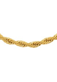 Collier en chaîne torsadée dorée avec un design tressé, présentant une texture lisse et une finition brillante, reflétant la lumière sous différents angles.