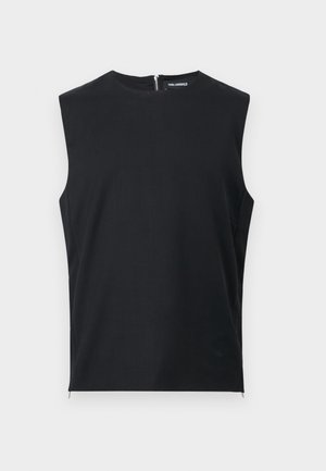 Ærmeløs sort top med høj rund hals og lynlåslukning bagpå, vist fladt mod en hvid baggrund.