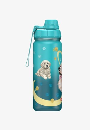 Blaue Edelstahl-Wasserflasche mit strukturiertem Deckel. Sie zeigt Illustrationen von Hunden und Pfotenabdrücken. Abgerundete gelbe Designelemente.