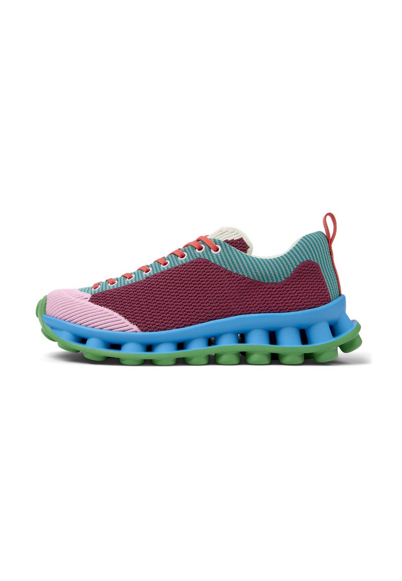 Multicolored sneaker featuring a mesh upper in teal, maroon, and pink. Bold blue midsole with green cushioning, and orange laces.